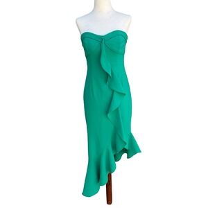 Liv Foster Emerald Green Strapless Ruffle Asymmetric Formal Midi Dress 4 Mermaid